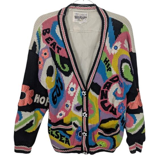 Vintage No Jeans Sweater Cardigan Jacket Graphic Patches Hip Hop Flower Power - Picture 1 of 14